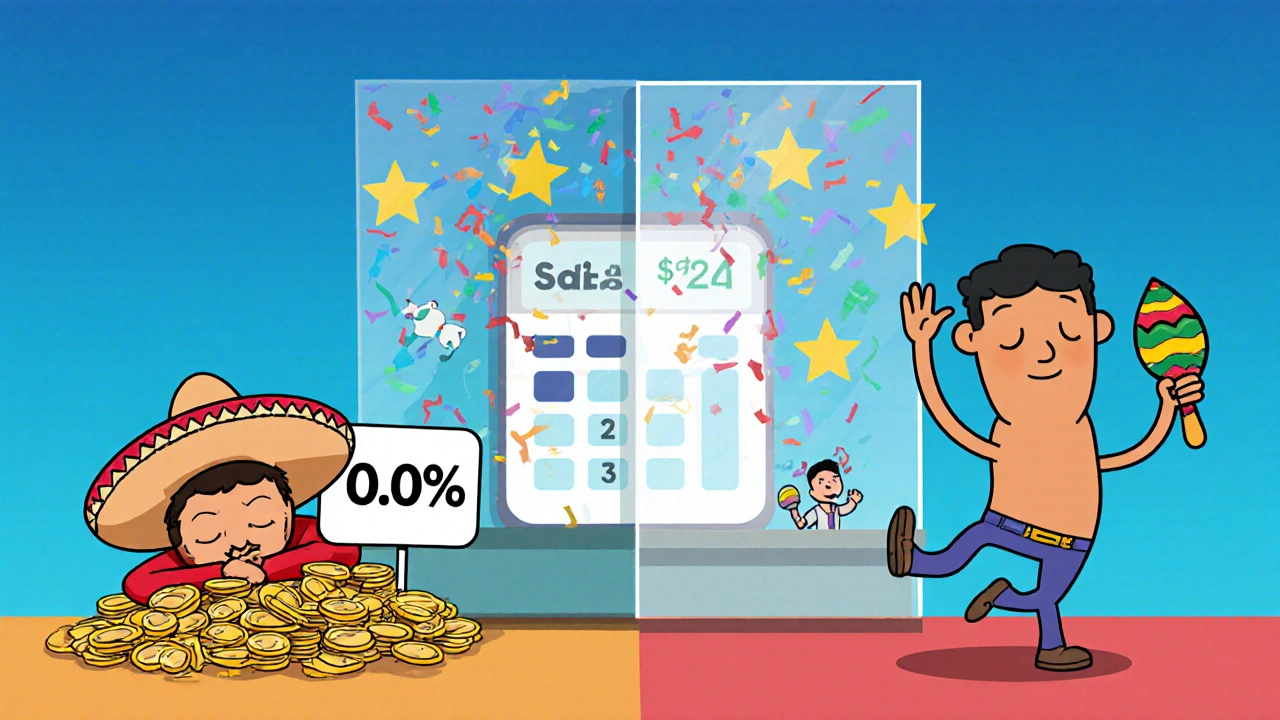 A sleepy Schwab mascot beside a dancing SoFi character, with 4 in confetti between them.