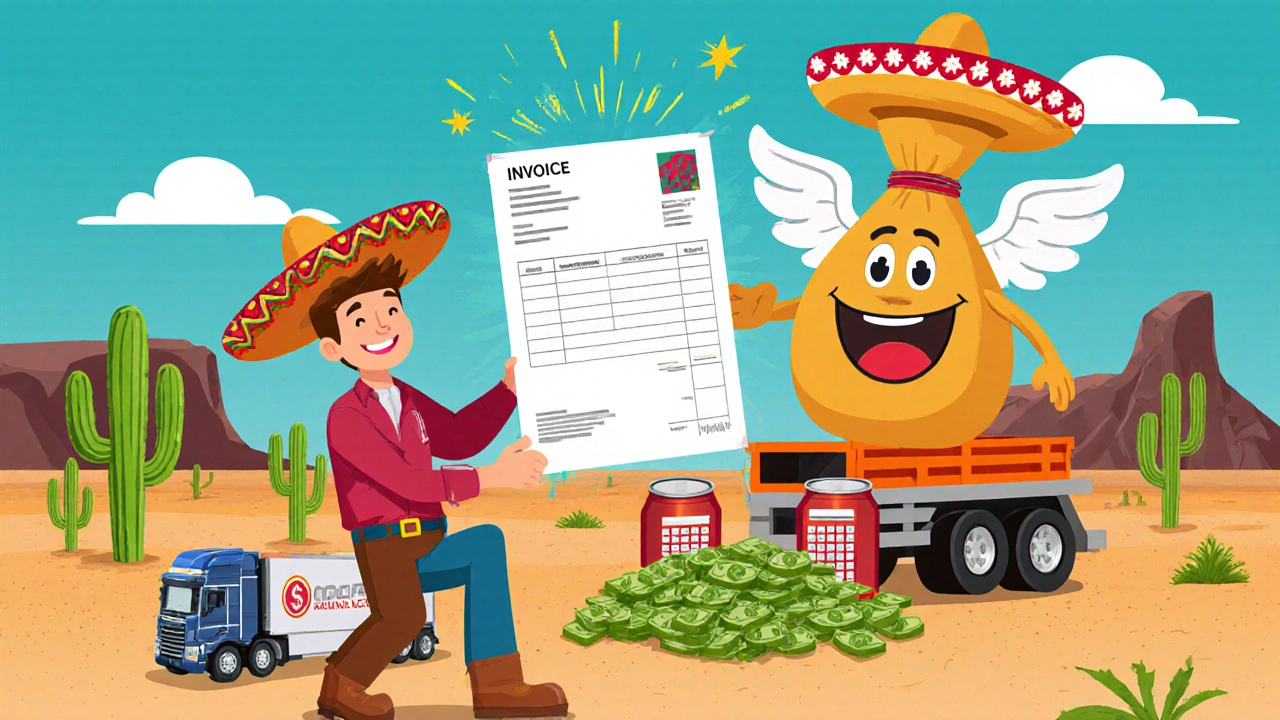 A truck driver gives an invoice to a luchador money bag mascot as fuel and trailers fill with cash.