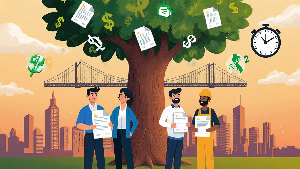 Diverse business owners stand under a tree with dollar sign leaves, building a bridge to a thriving city.