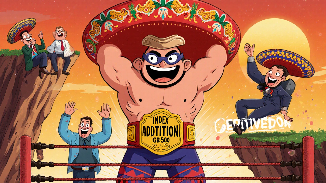 A luchador index fund lifts a company into the S&P 500 ring as investors cheer, while a fallen company tumbles away.