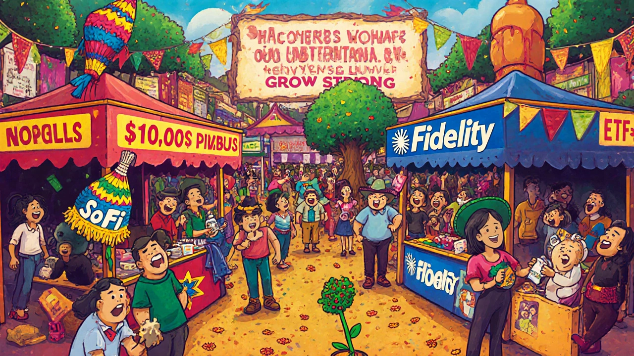 A vibrant marketplace with investment booths, featuring a ,000 piñata, trading stations, and a growing ETF tree.