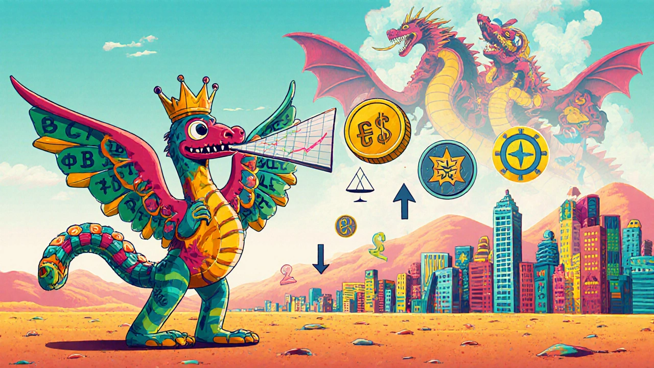 An alebrije stock ticker transforms coins into crowns and thrones, with mega-cap dragons looming over a city of companies.