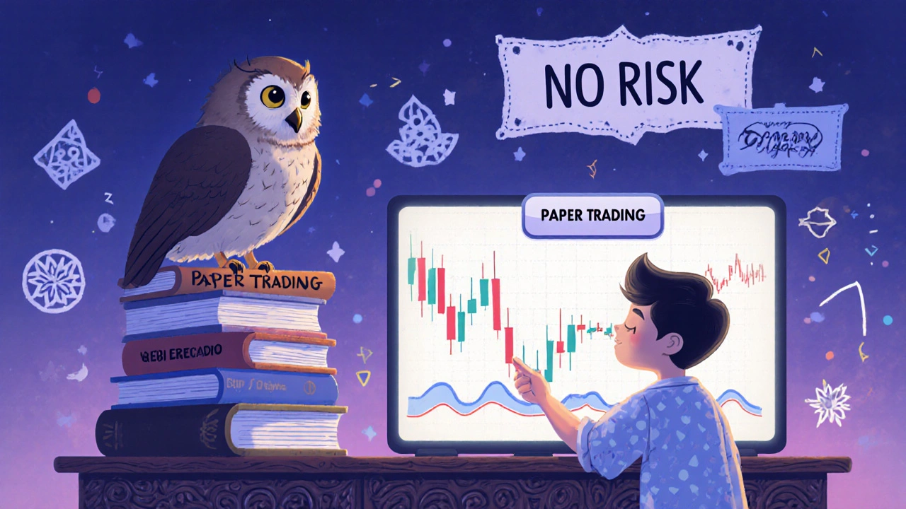 An owl mentor watches a nervous investor practice trading with virtual money on a glowing screen.