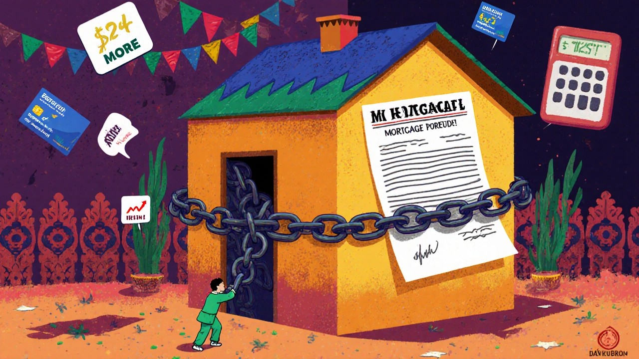 A house chained down by a massive mortgage document, a person struggling under rising interest rates.