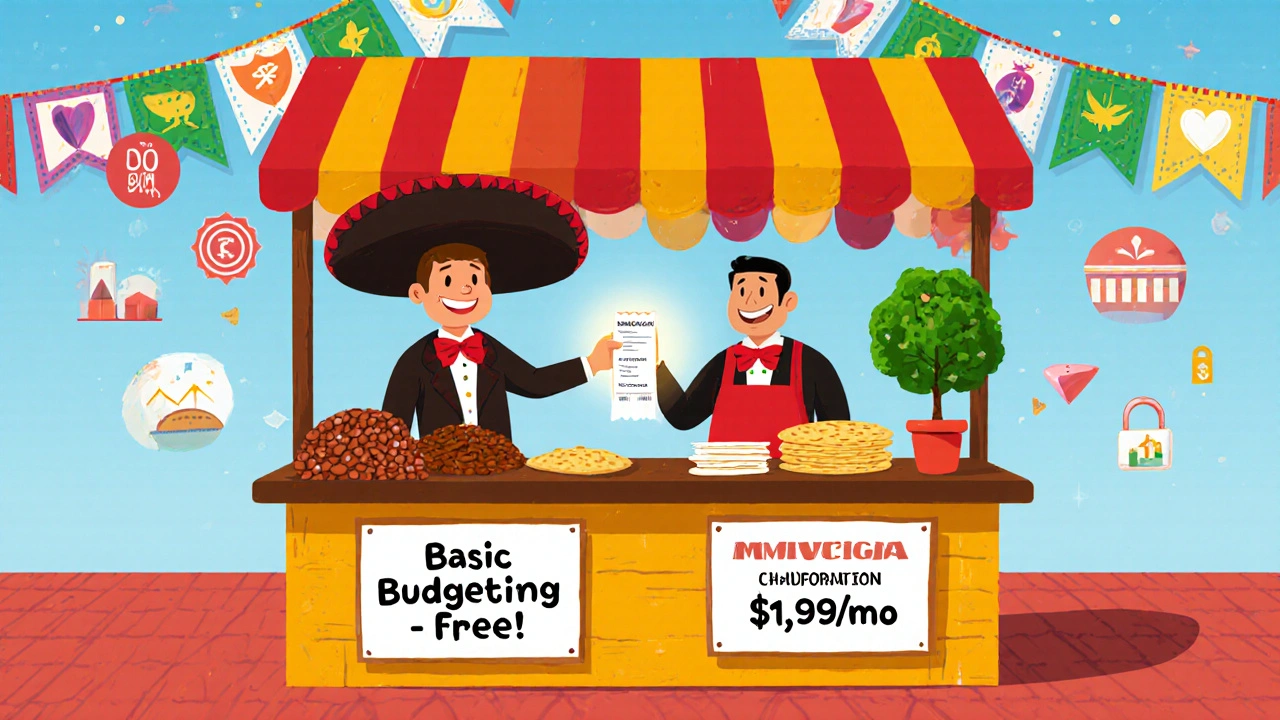 A magical mercado stall with free and premium financial food options, served by a charro vendor under papel picado banners.