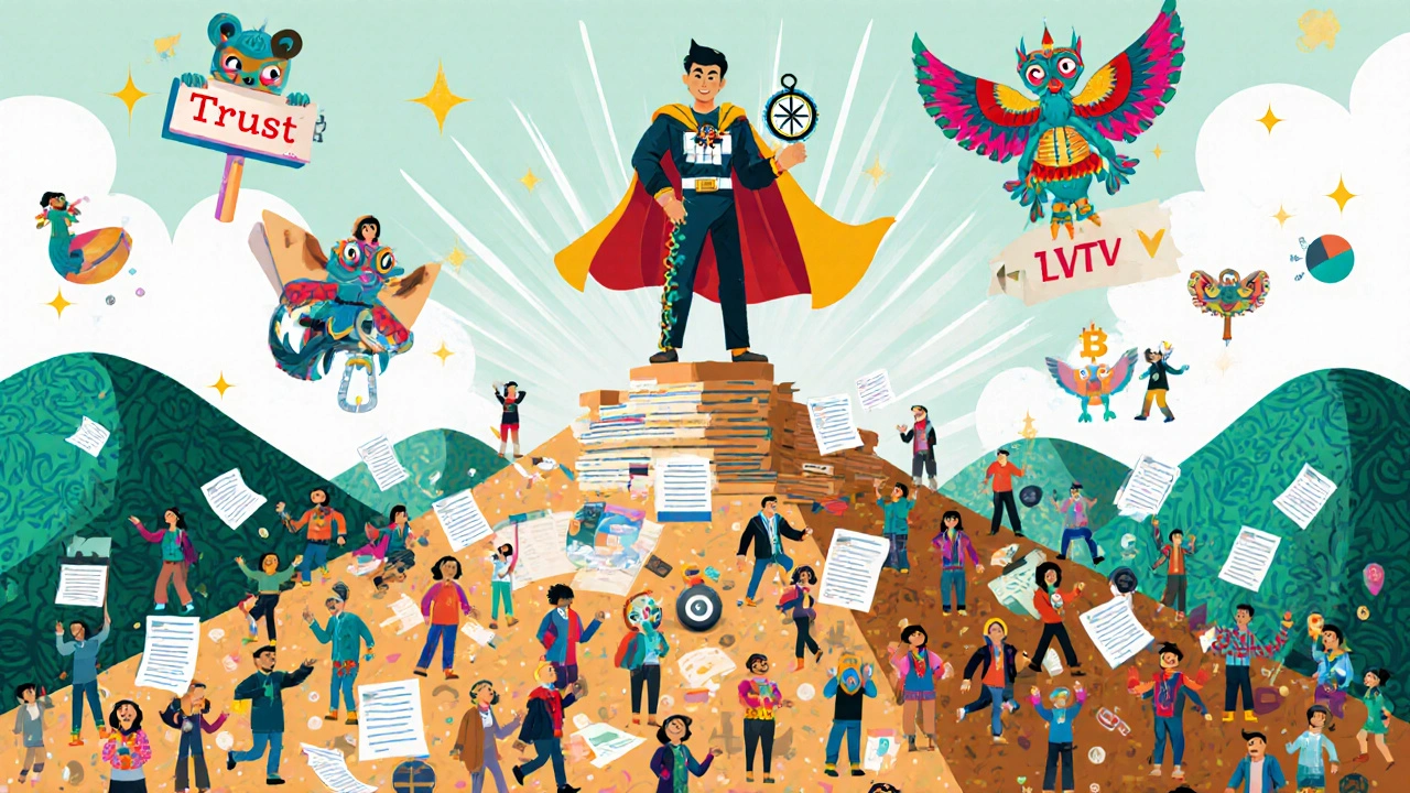 A paid app user on a financial hilltop with alebrije creatures and encryption cape, overlooking chaotic free-user valley.