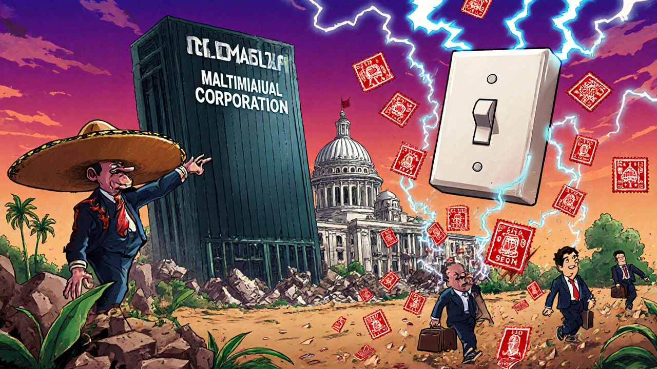 A president flips a switch destroying a power plant contract while SMEs are swept away by red stamps.