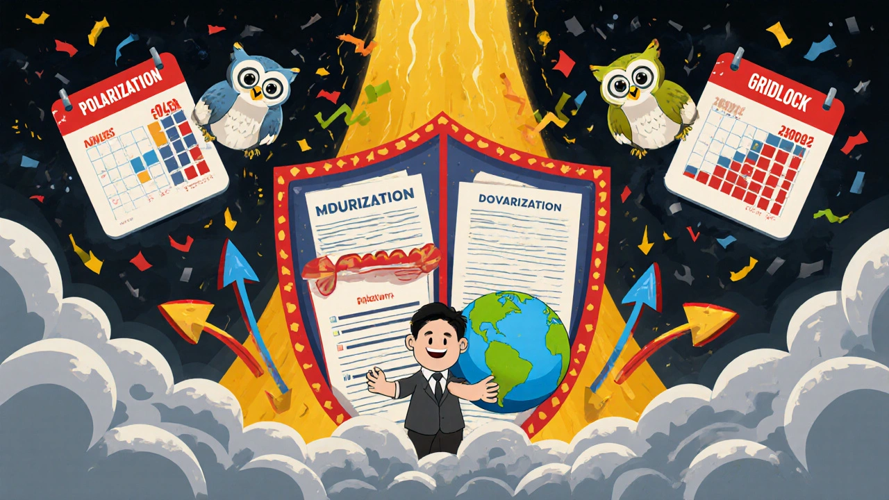 An investor protected by insurance and calendars stands firm against storm clouds of political chaos.