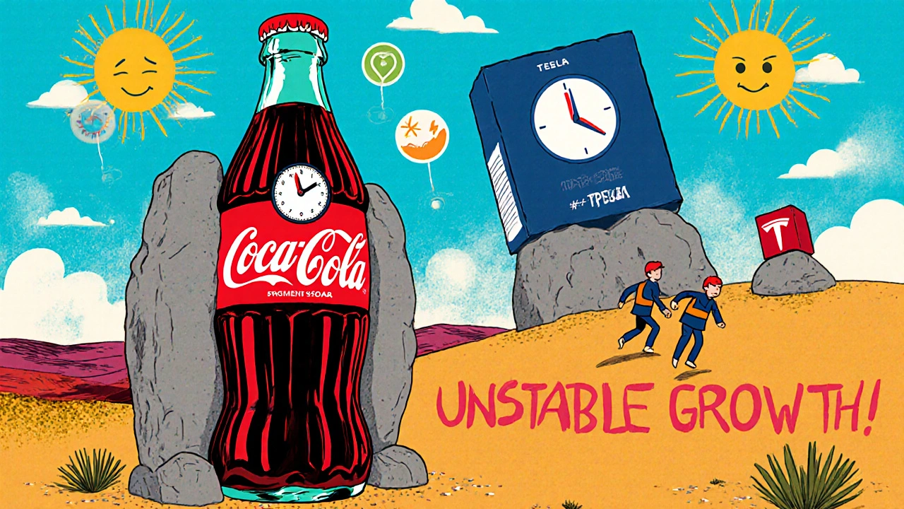 Coca-Cola and Procter & Gamble as stone guardians with dividend clocks in desert, Tesla and Netflix tumbling down hill.