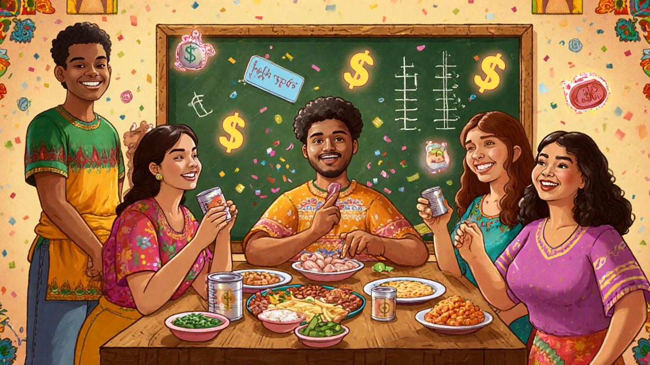 People cooking together, swapping expensive foods for cheaper ones, savings floating like confetti around them.