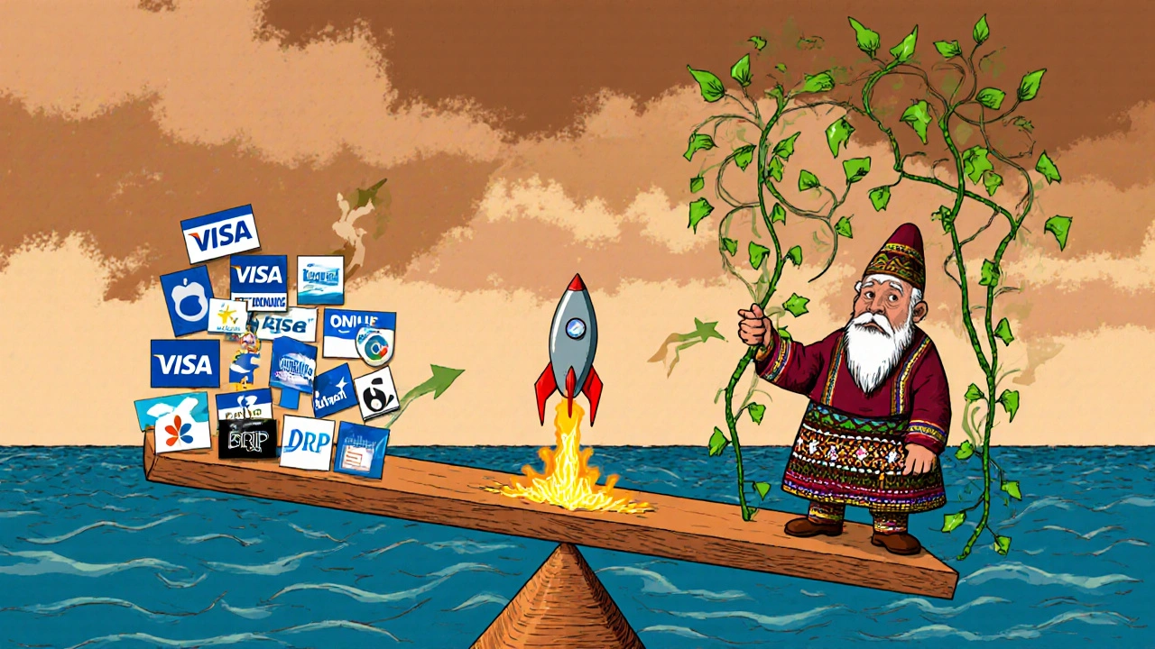Seesaw with 15-20 blue-chip logos balanced against NVIDIA rocket, wise elder holding fulcrum, DRIP vines rising.