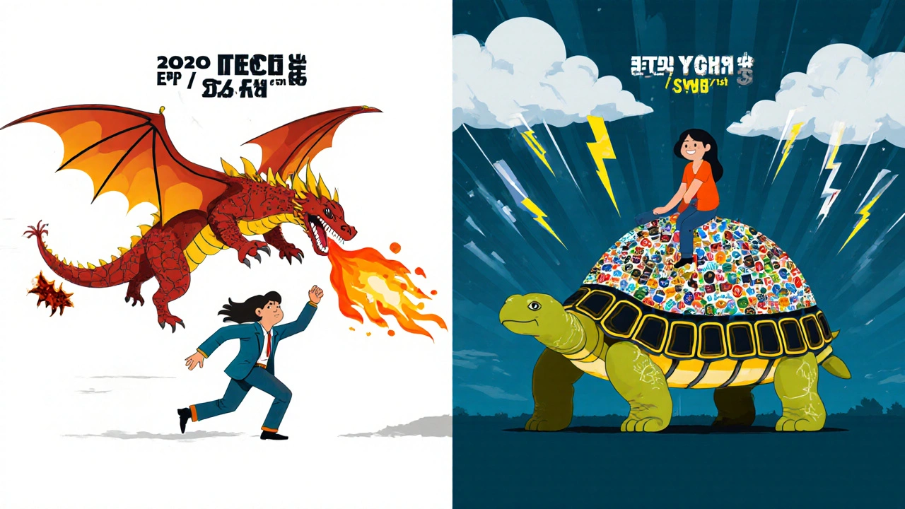 A calm person riding a steady turtle labeled &#039;Total Market Index Fund&#039; while another chases a fiery tech dragon.