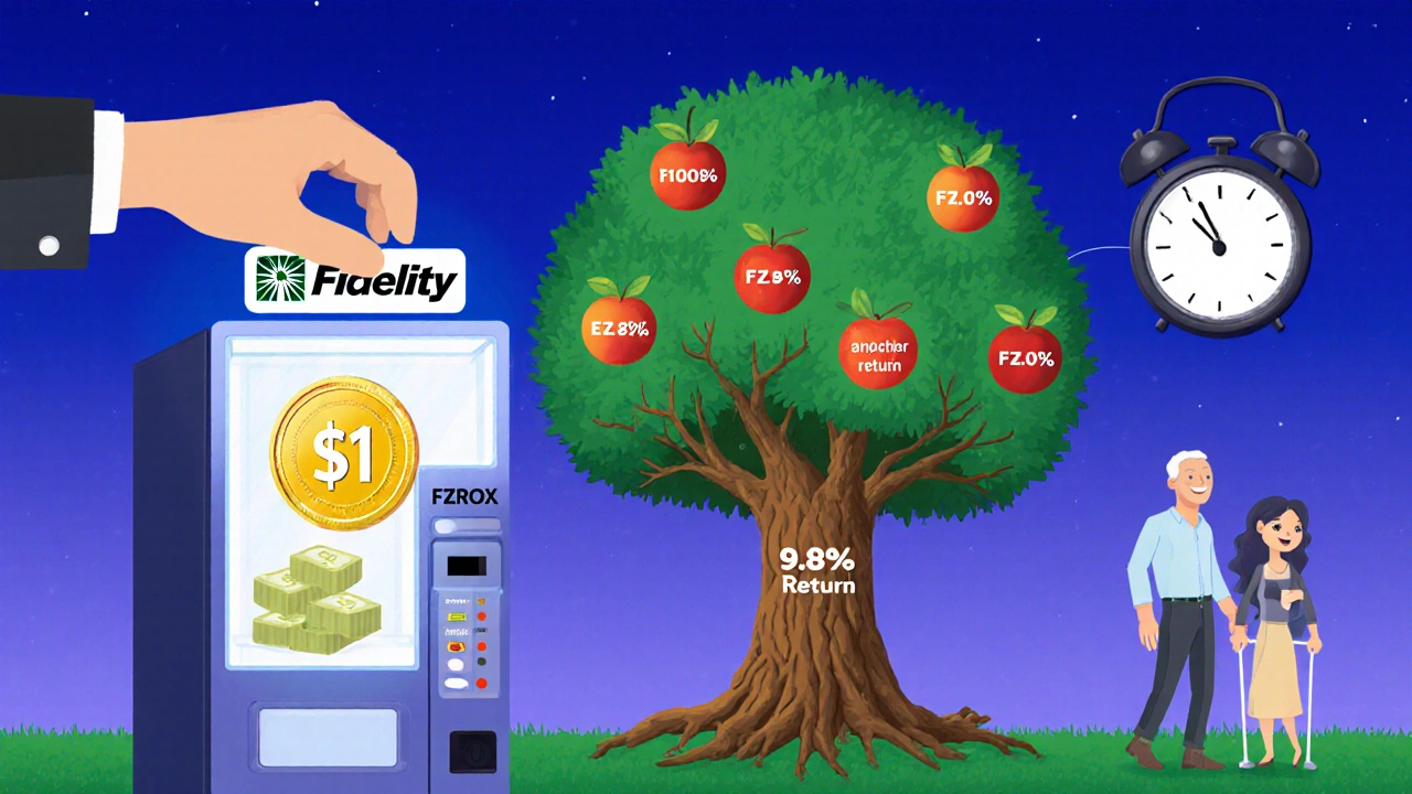 A hand inserts  into a vending machine that grows into a compound interest tree with return fruit.