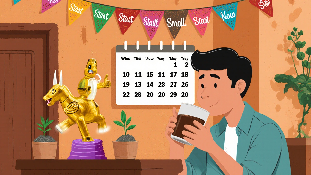 A peaceful morning scene with a golden alebrije transferring  automatically to an investing account.