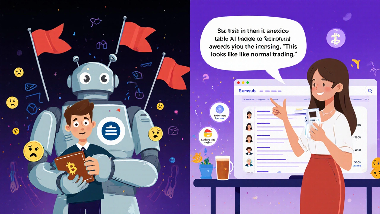 A split cartoon scene: one side shows a frozen wallet with red flags, the other shows a warm, friendly interface with an analyst verifying identity.