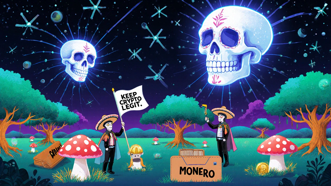 A surreal Mexican-style scene with quantum skulls looming over a blockchain forest, while AI agents plant quantum-resistant trees to protect crypto.