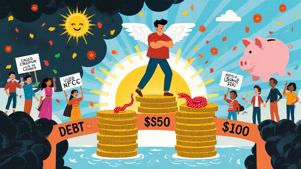 Person crossing a coin bridge from debt to stability, stepping on debt snake, piggy bank sun above.