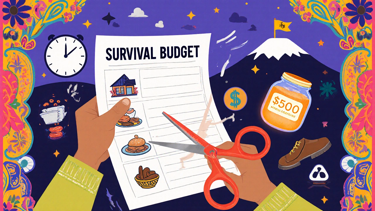 Person cutting away unnecessary expenses with a survival budget, glowing 0 emergency fund in corner.