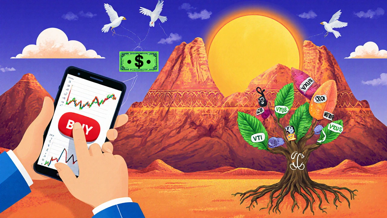Someone clicking 'Buy' as  turns into a growing stock market tree with Oaxacan art patterns.