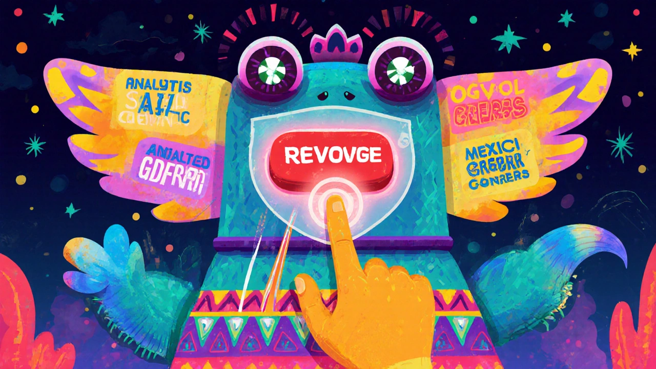 A colorful alebrije-style dashboard shows data streams being blocked by a GDPR shield, in Mexican folk-art cartoon style.