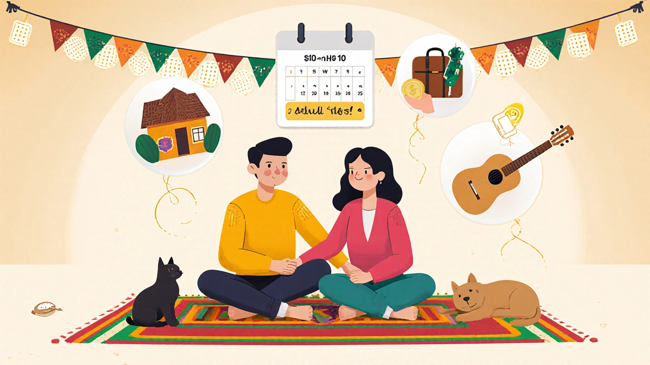 A couple holding hands during a weekly money check-in, with floating savings goals like a house, suitcase, and guitar.