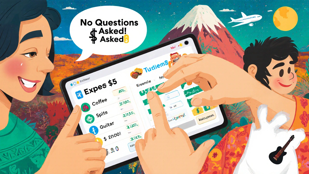 A couple laughing as they log expenses on a tablet, with income-based splits and cultural mural in the background.