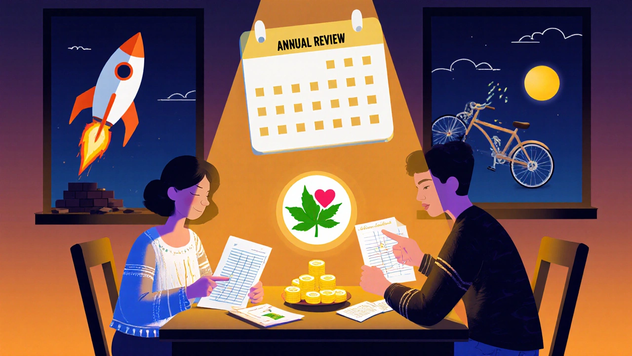 A family reviewing finances at night, a shrinking cash pile and ESG icon visible, while emotional investing crashes nearby.