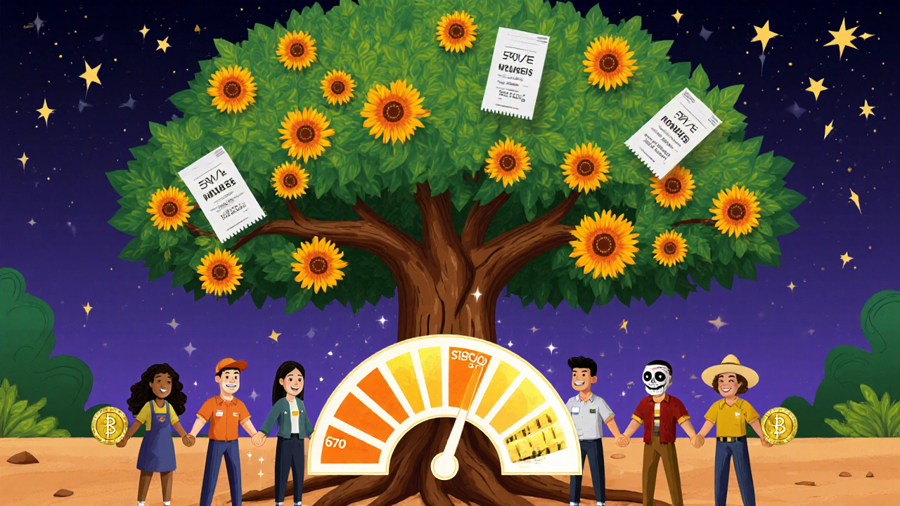 A group of workers hold hands around a rising credit score meter, with EWA coins glowing and a symbolic tree of financial stability behind them.