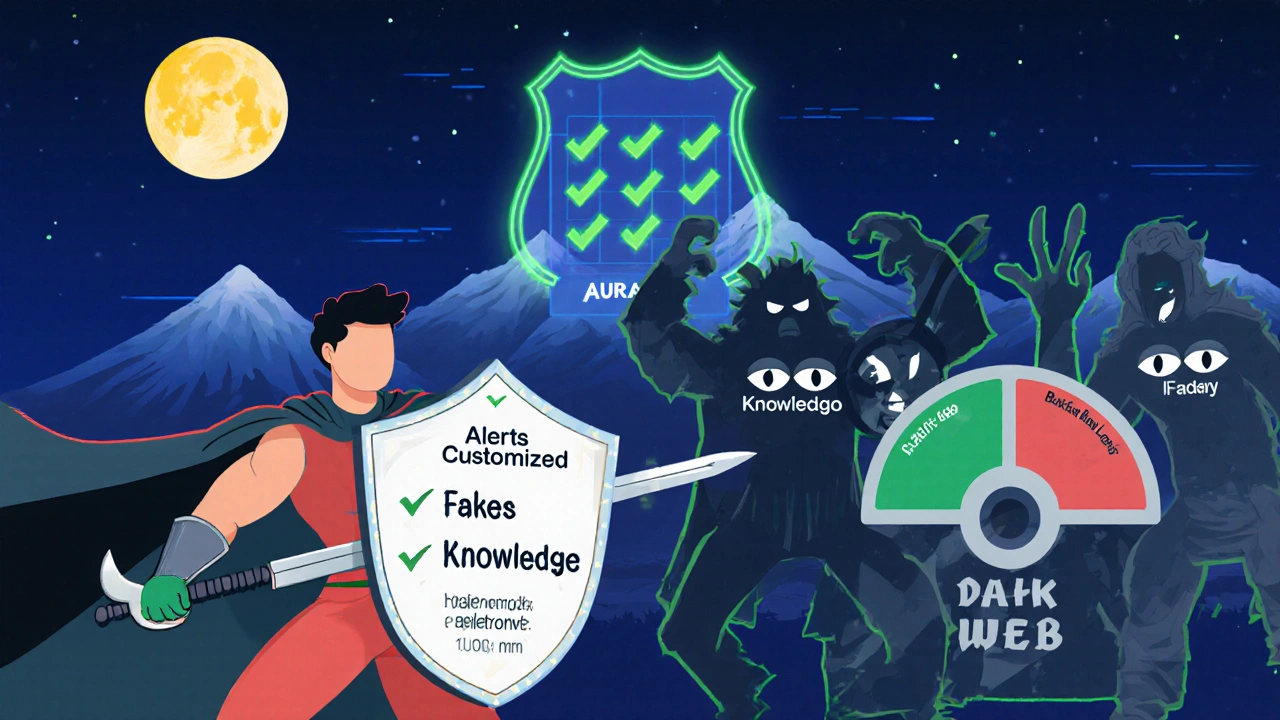 A hero battling credit fraud monsters with a glowing app guardian in a night scene under a score-shaped moon.