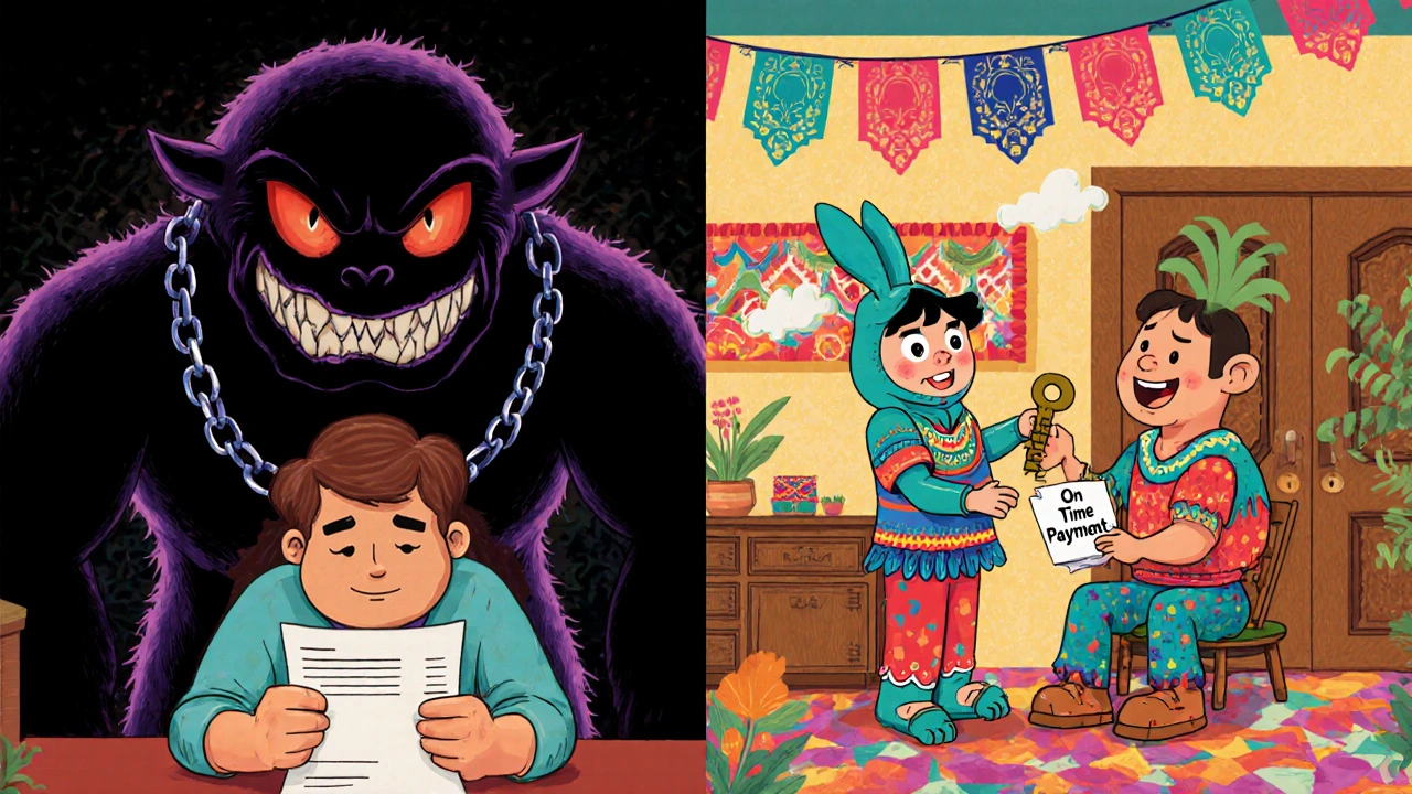 A person pays rent peacefully with EWA while a friendly rabbit-like creature helps, contrasting a scary payday loan monster on the other side.