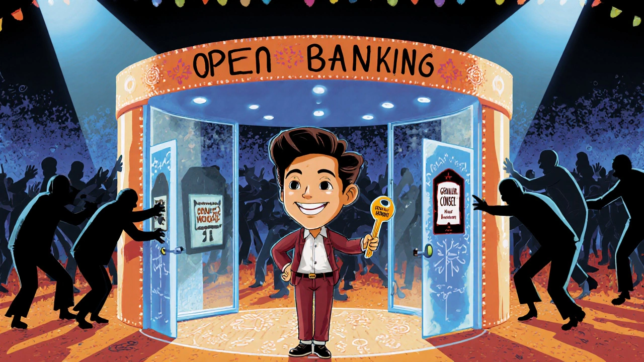 A person uses a granular consent key to let only one trusted service through a revolving door, while others are blocked.