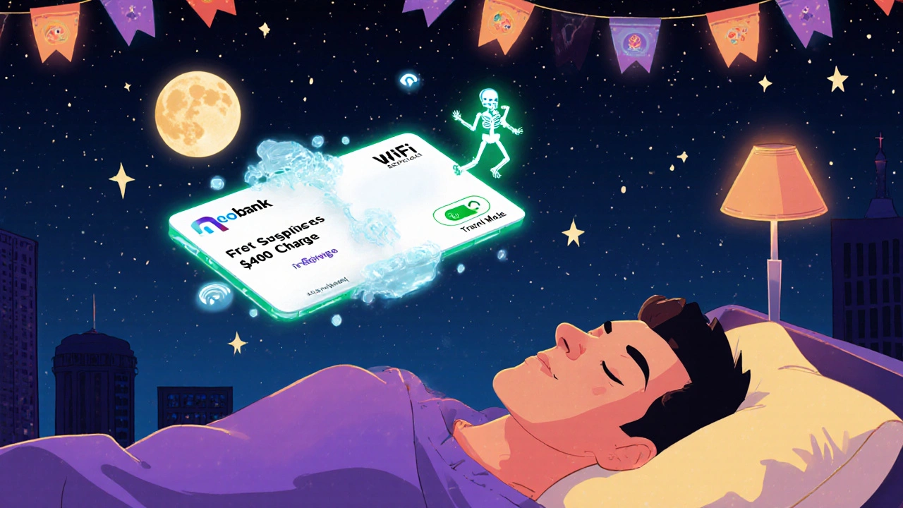 A sleeping traveler protected by a glowing app spirit that blocks a fraudulent international charge, surrounded by cultural motifs.