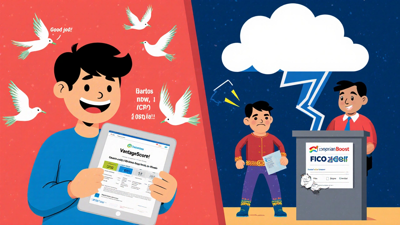 A split scene: a happy user with a free credit app vs. a nervous user facing a bank teller with a FICO score report.