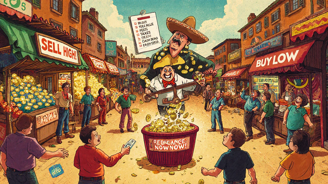 A vibrant market scene where an accountant balances overflowing tech stocks against underused bonds, with a floating checklist.