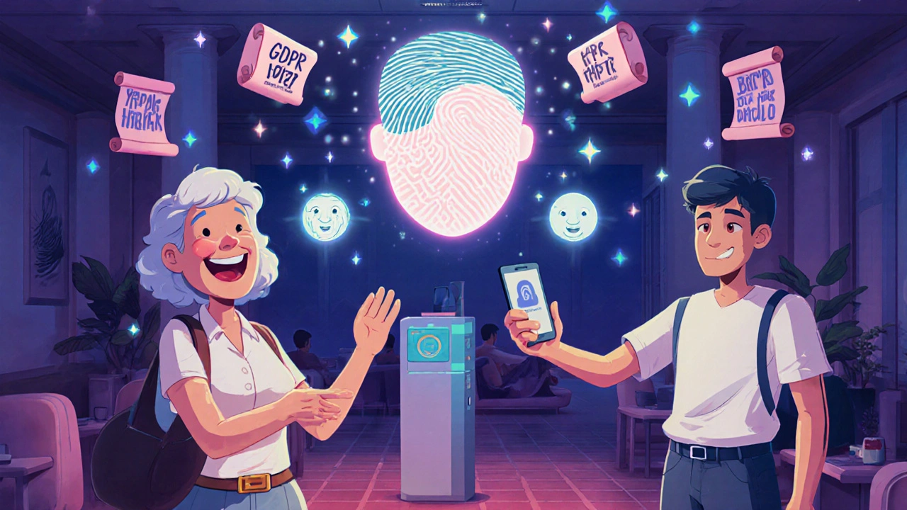 Bank lobby with floating face scanners and one fingerprint terminal, a woman approving a transfer.