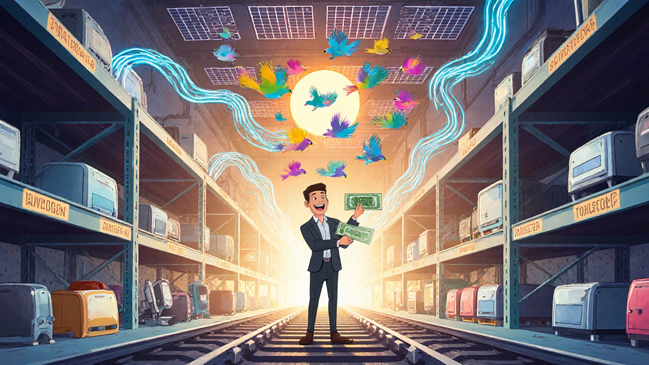 Futuristic solar-powered warehouse with AI robots and data streams, dividend check turning into birds.