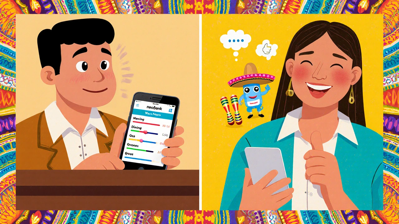 Split scene comparing slow traditional banking with fast neobank controls, featuring playful Mexican folk art elements.