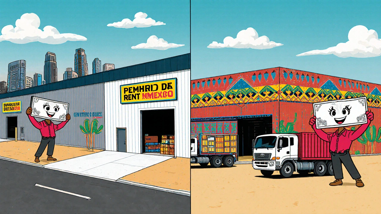 Split scene of coastal and inland warehouses with REIT mascots holding rent checks in vibrant folk-art style.
