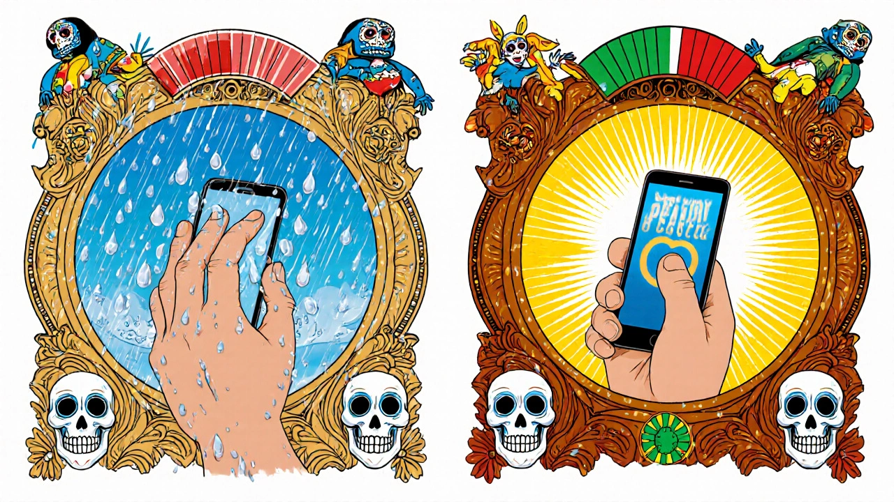 Split scene: wet finger failing to unlock phone vs. face unlocking in sunlight, framed by skull motifs.