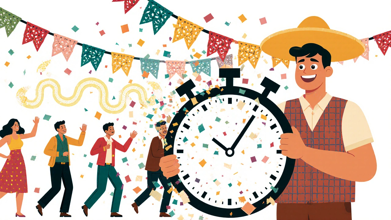 A banker holds a shattered stopwatch as real-time loan approvals rain down like festive paper banners in a joyful scene.