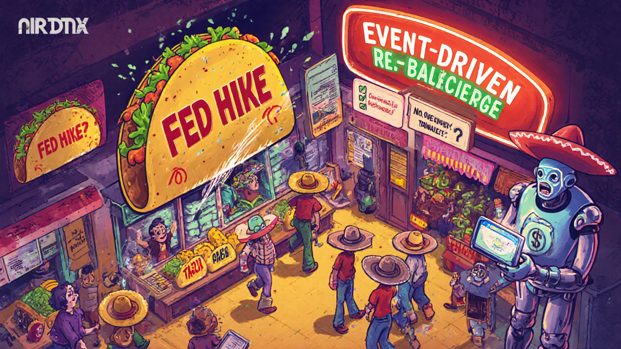 A bustling Mexican market where investors swap assets after a Fed Hike sign drops.