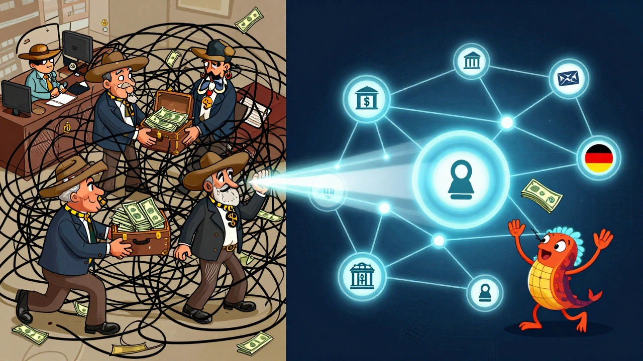 A chaotic web of bank clerks passing cash versus a clean digital network connecting countries instantly, with no middlemen.