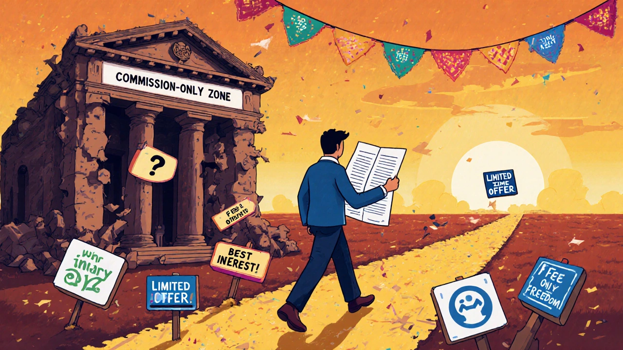 A client walks away from a crumbling bank toward a bright path of low-cost funds, holding a legal document labeled Form ADV.