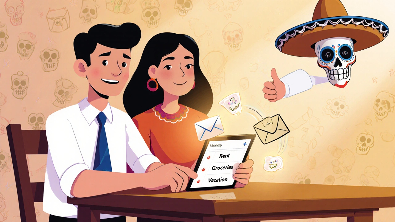 A couple shares a digital budgeting screen with glowing envelopes for expenses, guided by a whimsical AI assistant.