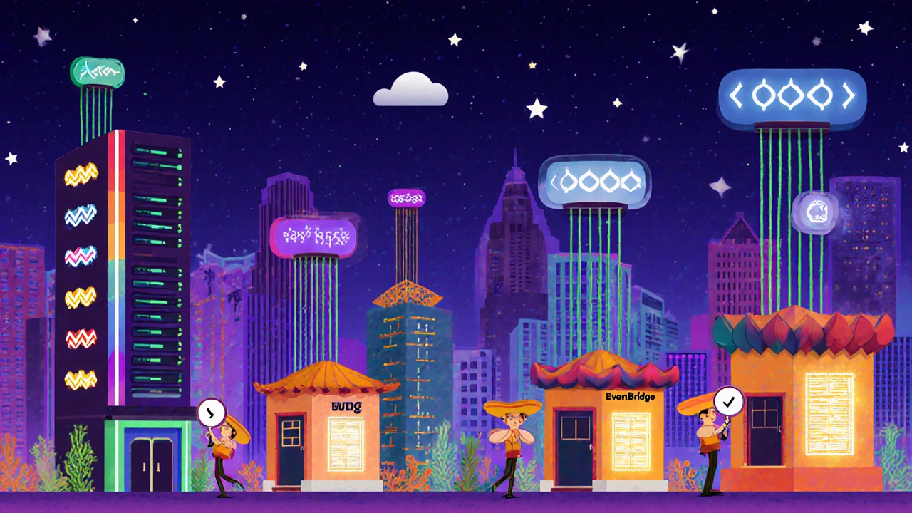 A digital city of server buildings emits glowing event streams, with Kafka towers and EventBridge kiosks under a starry sky.