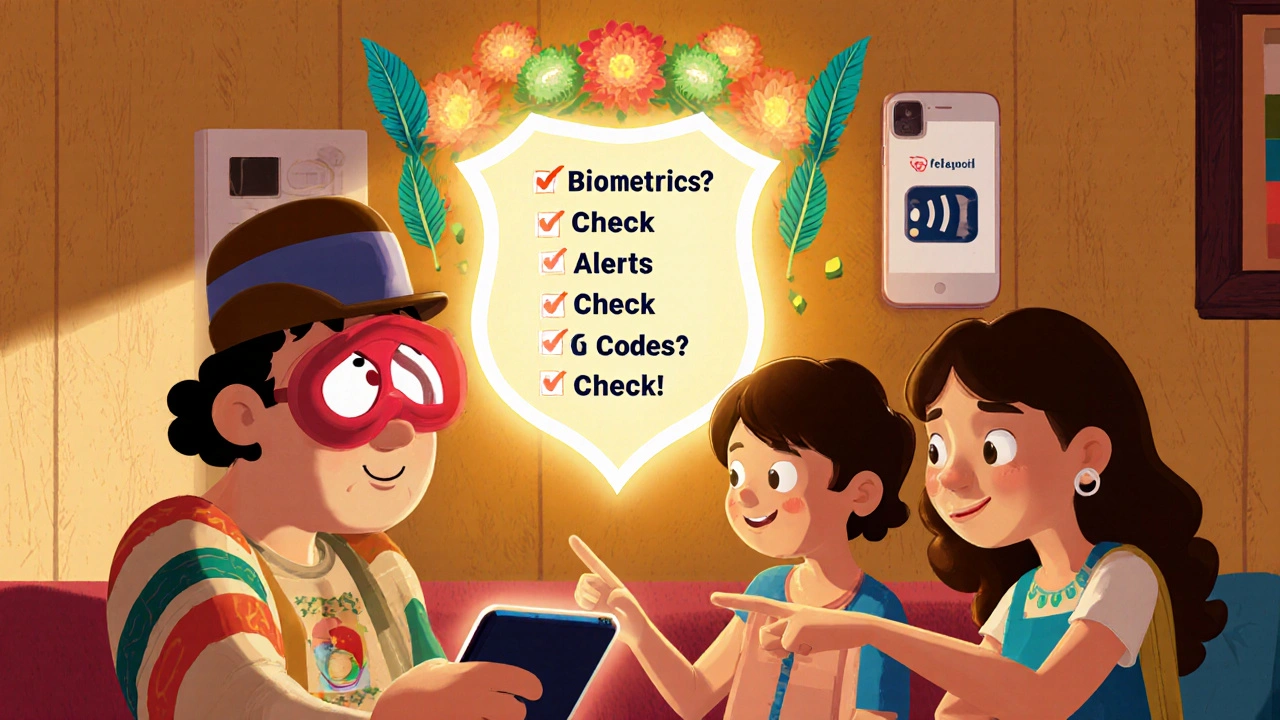 A family resisting a scammer over the phone, guided by a safety checklist and protected by marigold-themed shields.