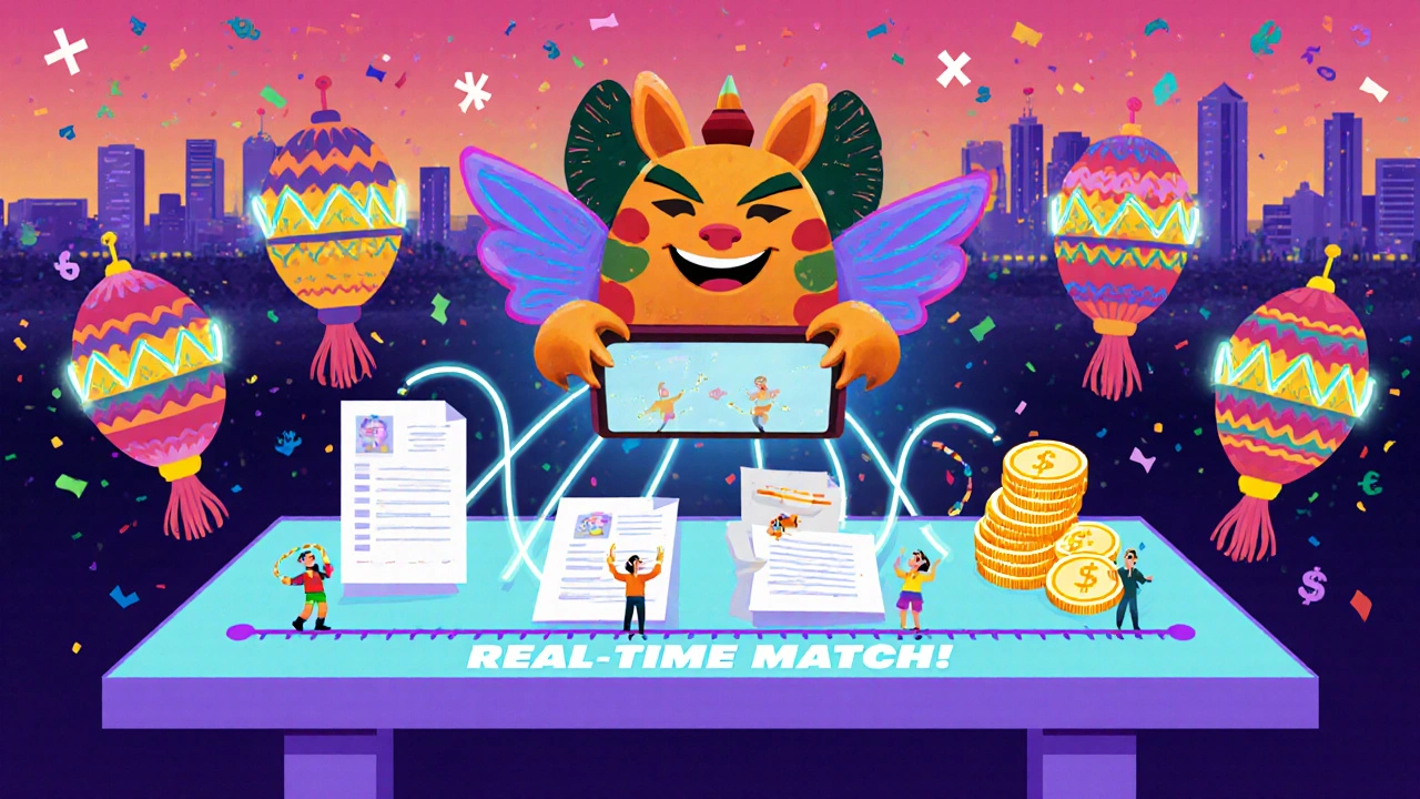 A friendly alebrije creature matches payment documents with glowing lassos as pesos dance on a real-time reconciliation dashboard.