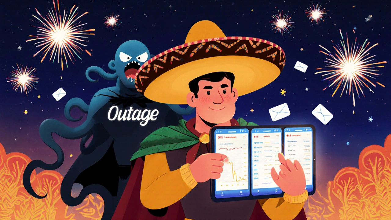 A heroic trader switches between three glowing brokerage apps while a glitchy monster tries to consume one, with SMS alerts lighting up the sky.