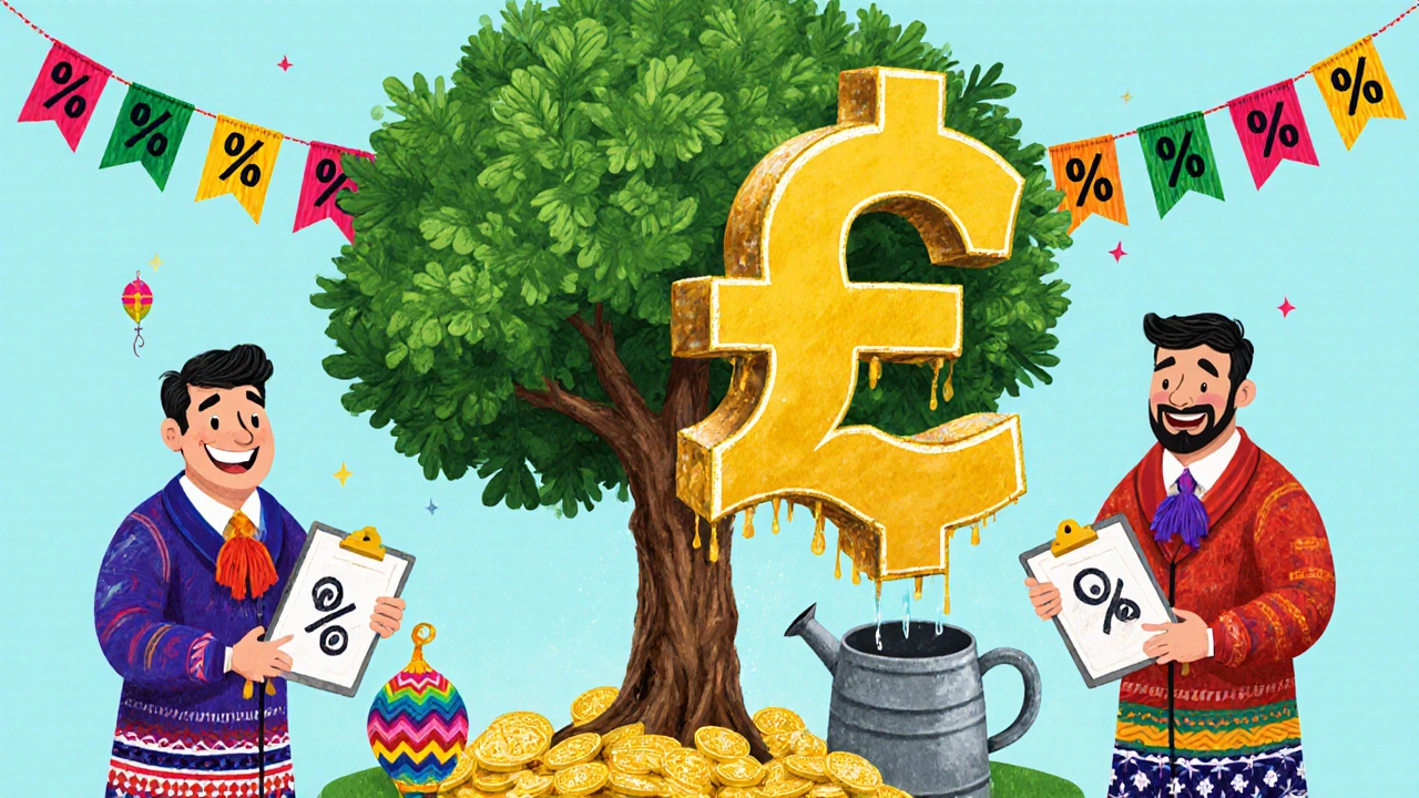 A hybrid investor splitting money into immediate and gradual investments, both feeding a growing financial tree, rendered in playful Mexican folk art style.