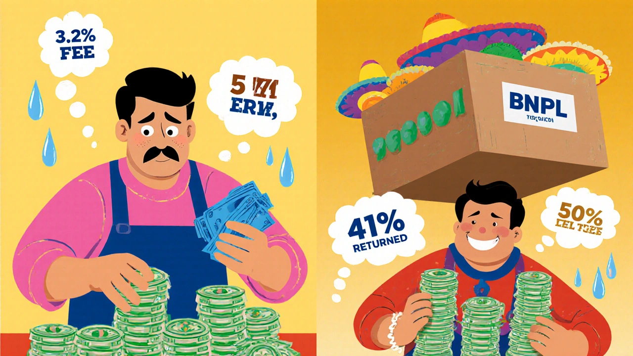A merchant compares credit card and BNPL fees, with a giant return box looming over the BNPL side of the scene.